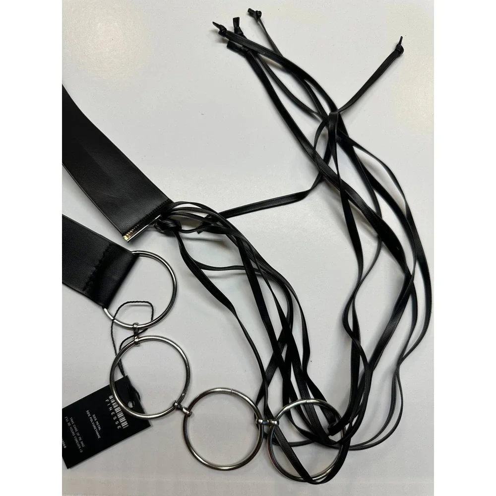 Finesse Abeni Black‎ Faux Leather Ring Belt Silver Tone O-Ring Wrap Tie OSS NEW